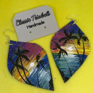 Seascape genuine leather hand painted earrings